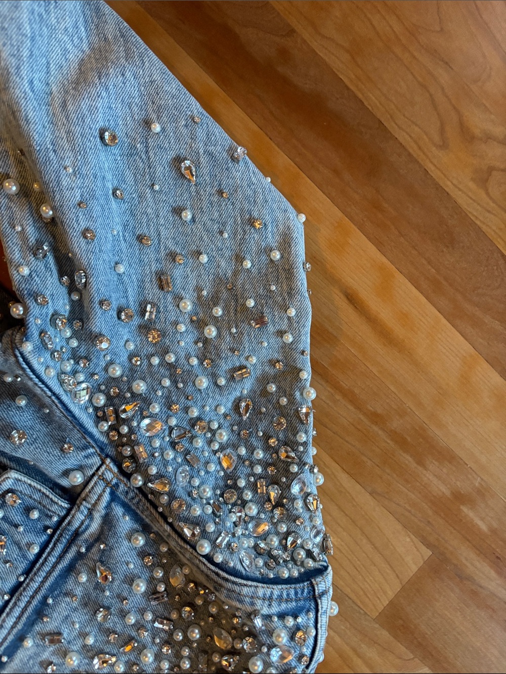 Alice + Olivia Light Blue Pearl-Embellished Denim Jacket - Picture 11 of 16